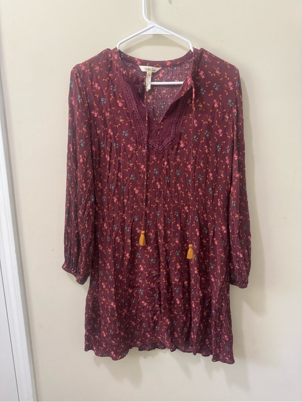 Matilda Jane Burgundy Floral Long-Sleeve Tunic Dress with Tassels